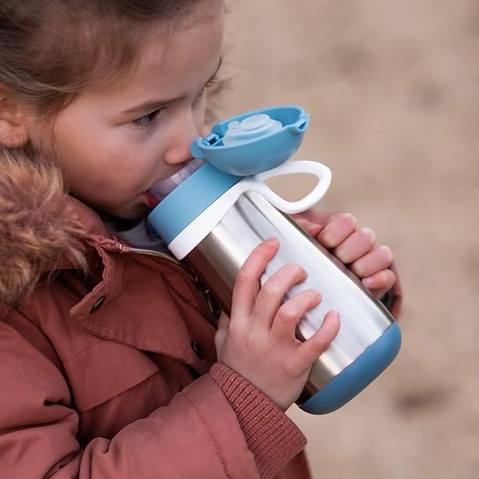 BEABA Kids Stainless Steel Insulated Water Bottle, Kids Water Bottle, Toddler Insulated with Spill Proof Spout and Close Top, Perfect for Travel, (Rain)