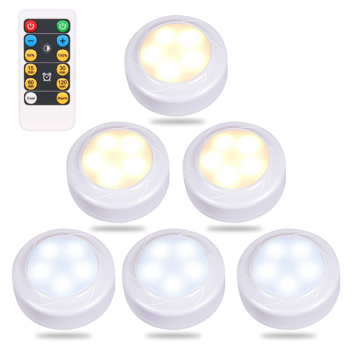 WRalwaysLX Remote Control LED Cabinet Light, Cool/Warm Adjustable, 6-Pack, White, Operates on 3x1.5V AA Batteries (Not Included)