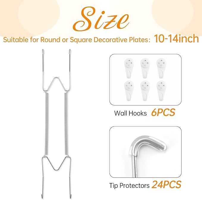 6 Pack Plate Hangers for The Wall, Suitable for 10-14 inch Art Plate, Stainless Steel Invisible Heavy Duty Wire Plate Holder with Wall Hooks, Plate Hangers for Displaying Plates, Platter, Dish, Silver