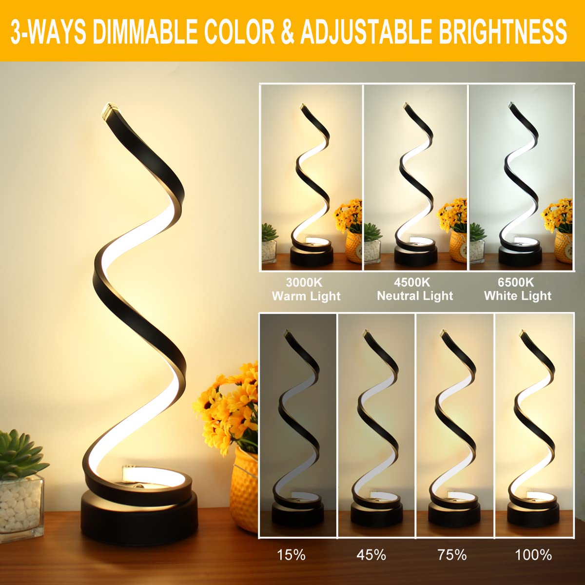 BESKETIE Modern Table Lamp Set of 2, Dimmable 12W LED, 3 Colors, 10 Brightness Levels, Black, Model BKT-TB01-B-