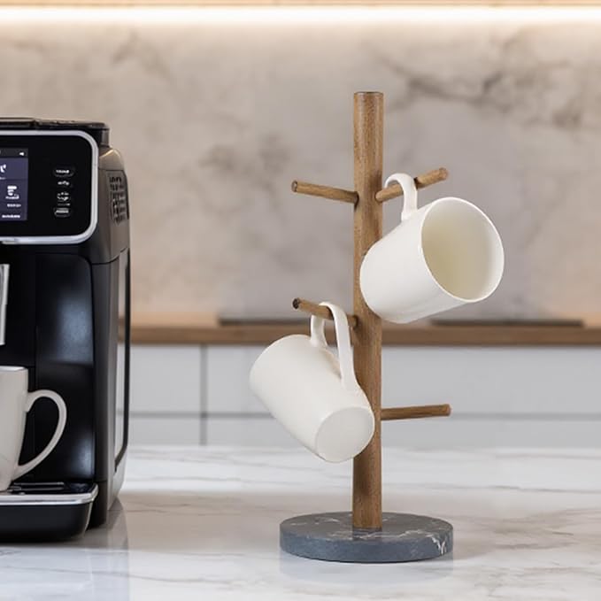 Buruis Mug Holder, Acacia Wood & Marble Base, 6 Hooks Kitchen Countertop Coffee Tea Cups Organizer