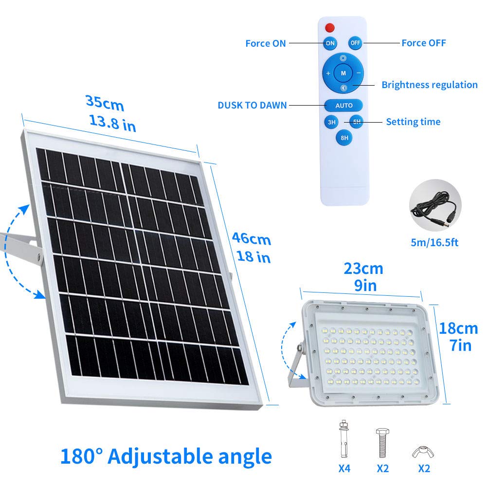 Tin Sum Solar 200W Led Flood Light - 18000 Lumens, Waterproof, Remote Control, White, For Yard, Garden, Pool, Court
