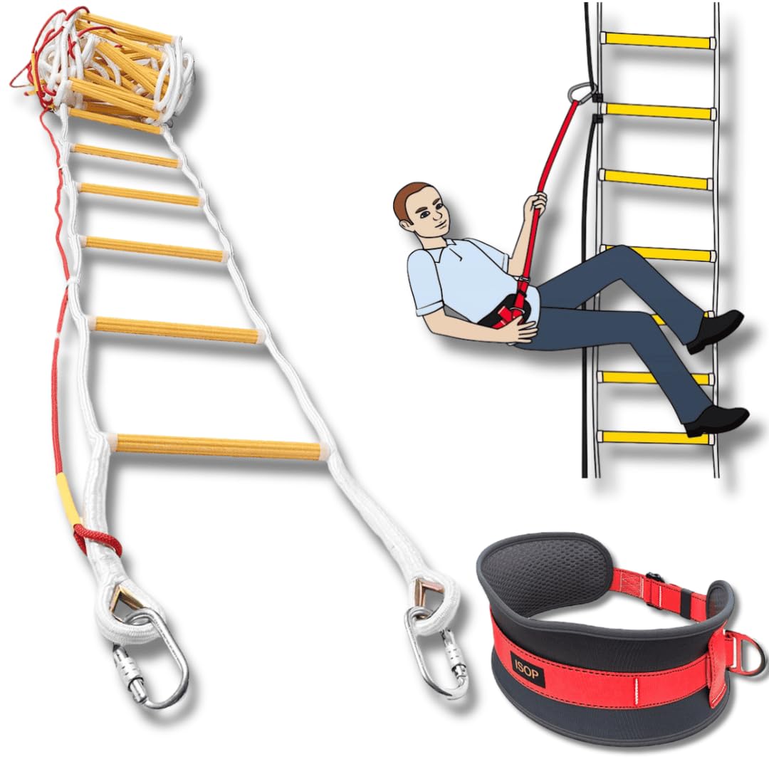 ISOP Safety Rope Ladder 4 Story 32 ft Flame Resistant - Innovative Solution Ladder with Safety Cord & Safety Belt - Reusable Compact & Portable - Weight Capacity up to 2000 Pounds - Certified Ladders