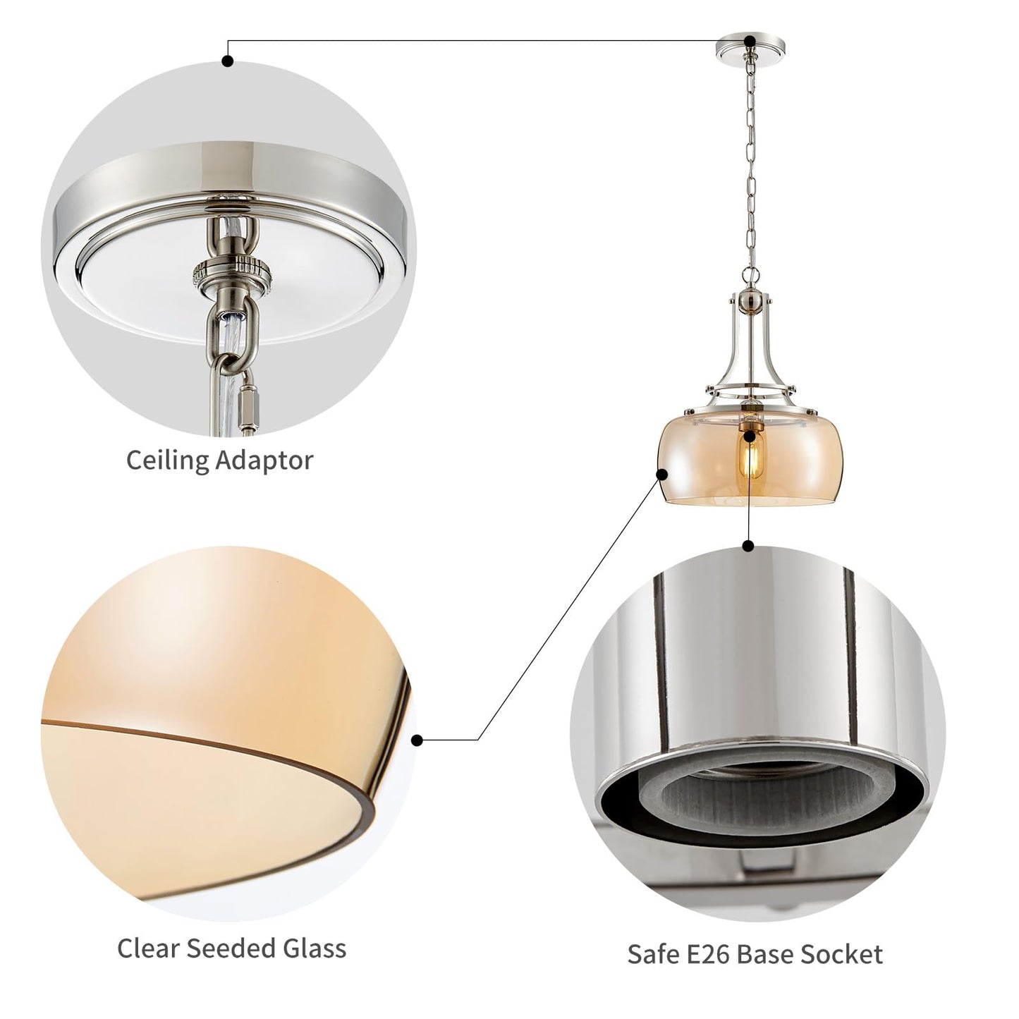 WUZUPS Nickel Chandelier Pendant Light, Amber Glass Shade, E26 Base, H 17in W 13.4in, Rustic Farmhouse Industrial Design