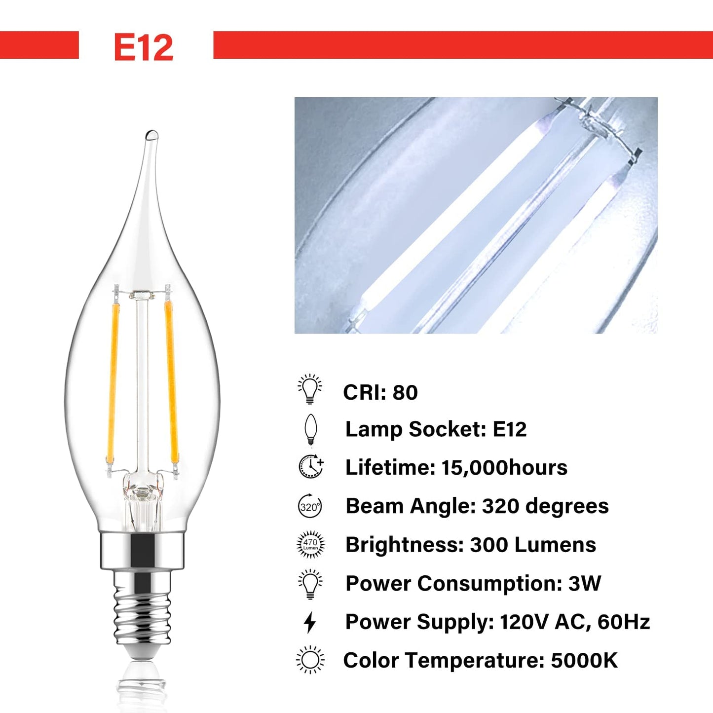 Sengled E12 Dimmable Led Bulbs, 60W Equivalent, 12 Pack, Ca10 Flame Tip, 5000K Daylight, Glass, Ideal For Chandeliers & Ceiling