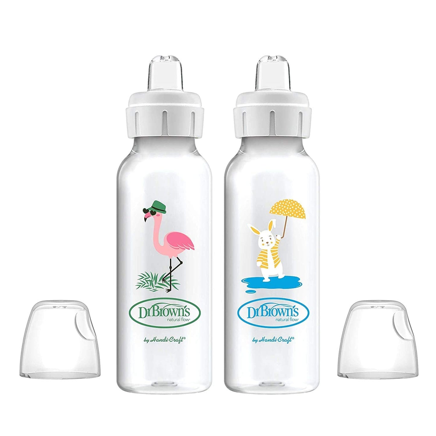 Dr. Brown's Milestones Narrow Sippy Bottle, 100% Silicone Soft Sippy Spout, 8oz/250mL, Flamingo & Bunny, 6m+