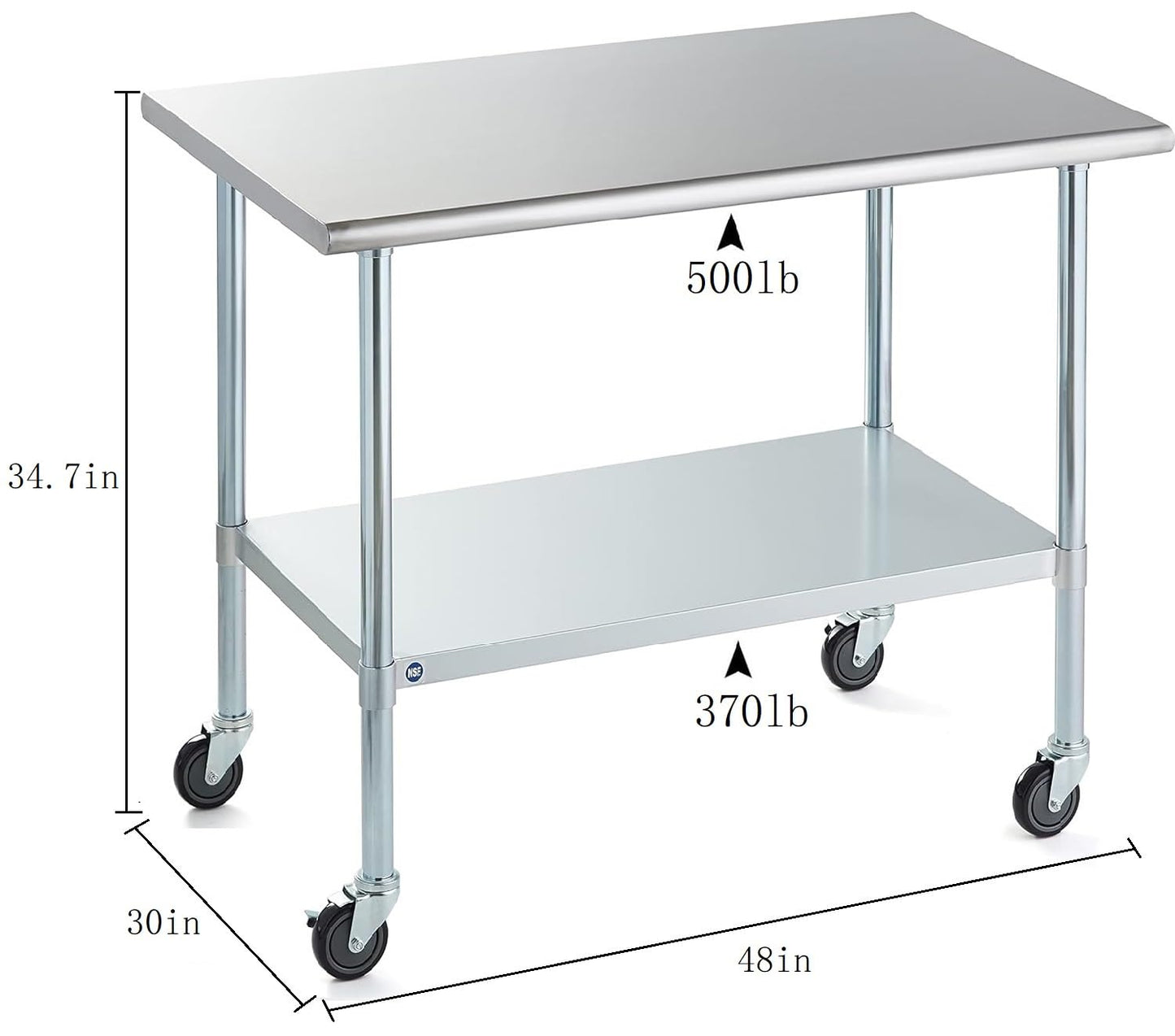 ROCKPOINT Stainless Steel Table for Prep & Work with Caster Wheels 30x48 Inches, NSF Metal Commercial Kitchen Heavy Duty Table with Adjustable Under Shelf and Table Foot for Restaurant, Home and Hotel