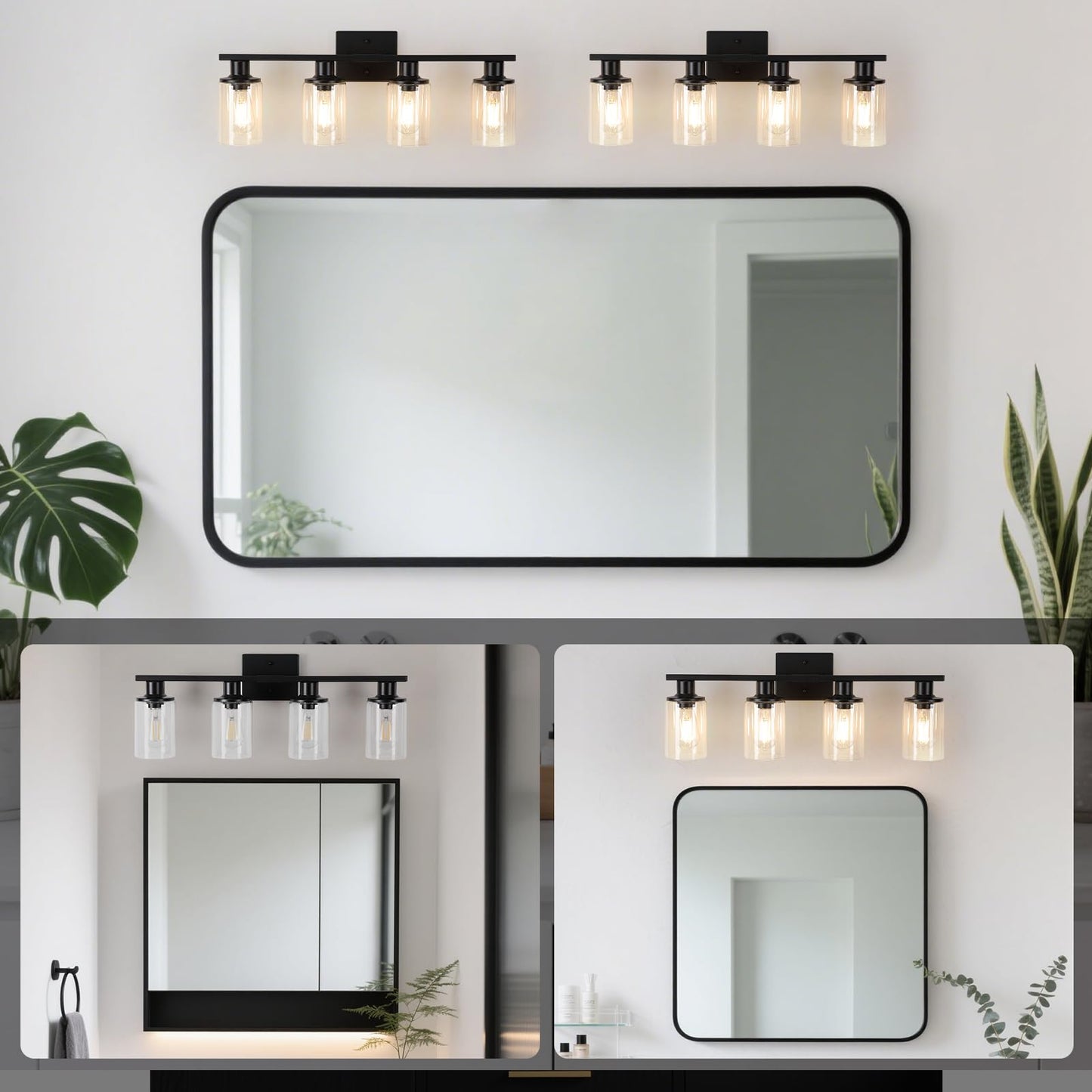 Litaddscen Matte Black Bathroom Light Fixtures Over Mirror 4-Light Bathroom Vanity Light With Clear Glass Shade Modern Farmhouse Wall Sconces Lighting For Mirror Kitchen Living Room Cabinet