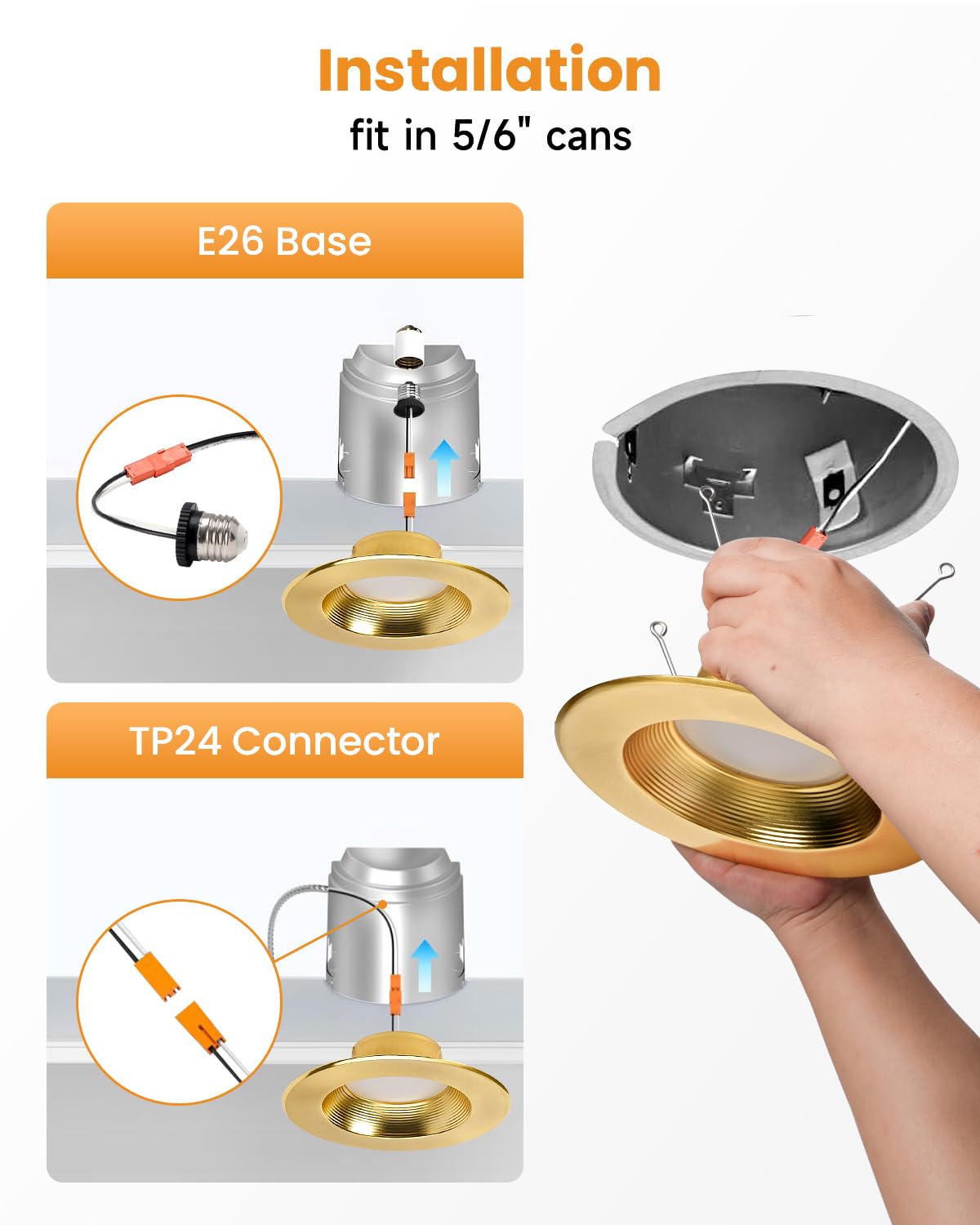 Wembanma 5/6 Inch Led Can Lights - Retrofit Recessed Lighting  5Cct Selectable Dimmable Recessed Lighting  13.5W 1200Lm Can Light With Metal Smooth Baffle Trim  6Inch 12P Gold