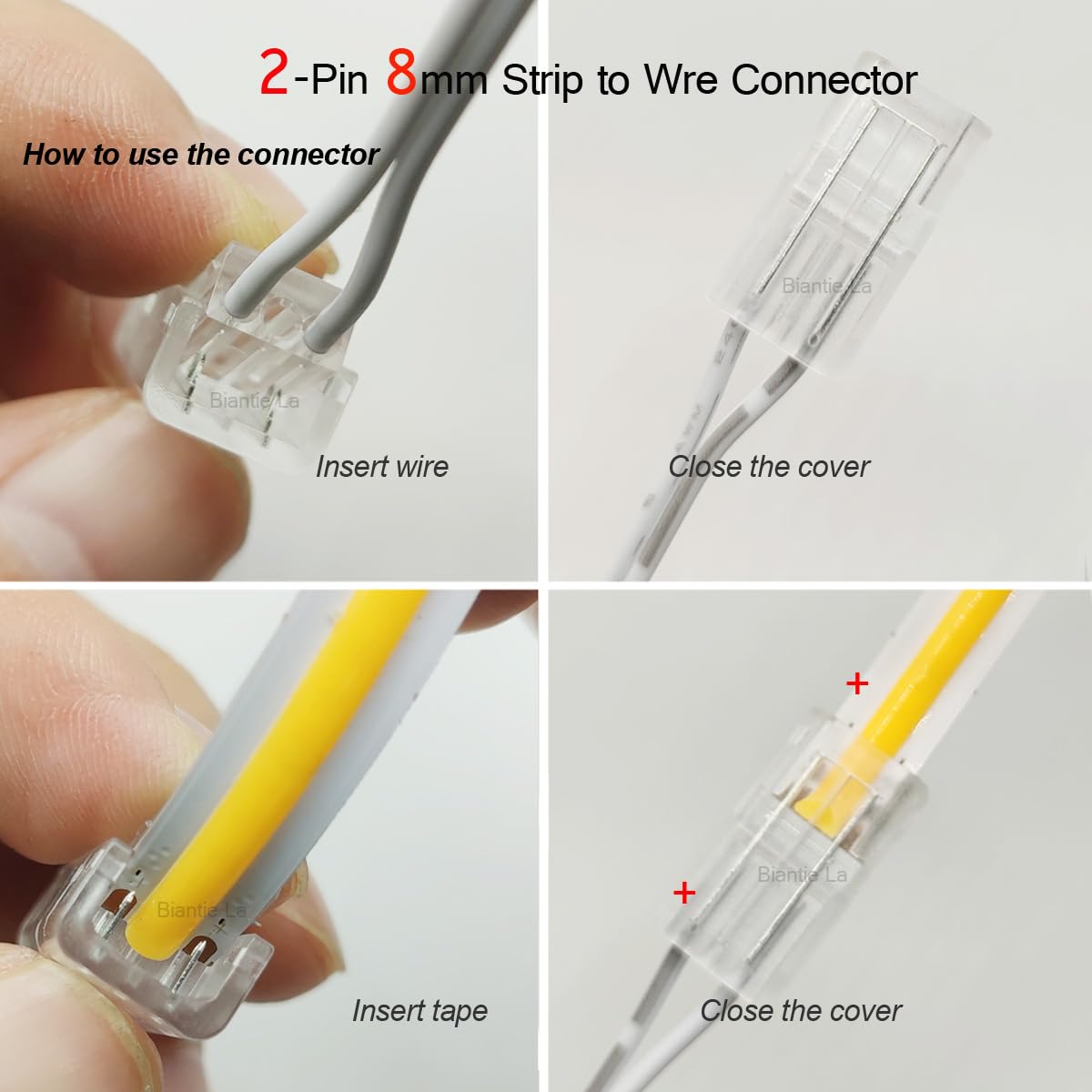Biantie La 2-Pin COB LED Strip Connector Solderless Adapter Terminal, Model BL-TZ, 12V/24V, Pack of 10