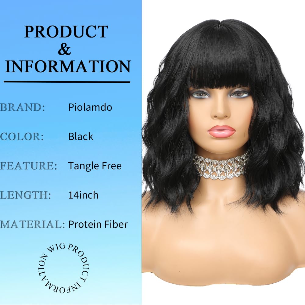 Short Wavy Black Wig with Bangs 14inch Natural Black Wigs for Women Short Curly Bob Wigs Synthetic Natural Looking Hair Replacem