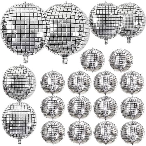 20Pcs Disco Ball Balloons Different Sizes- 4D Large Disco Balloons 32” 22” 10 Inch Assorted Round Metallic Silver Mylar Ba...