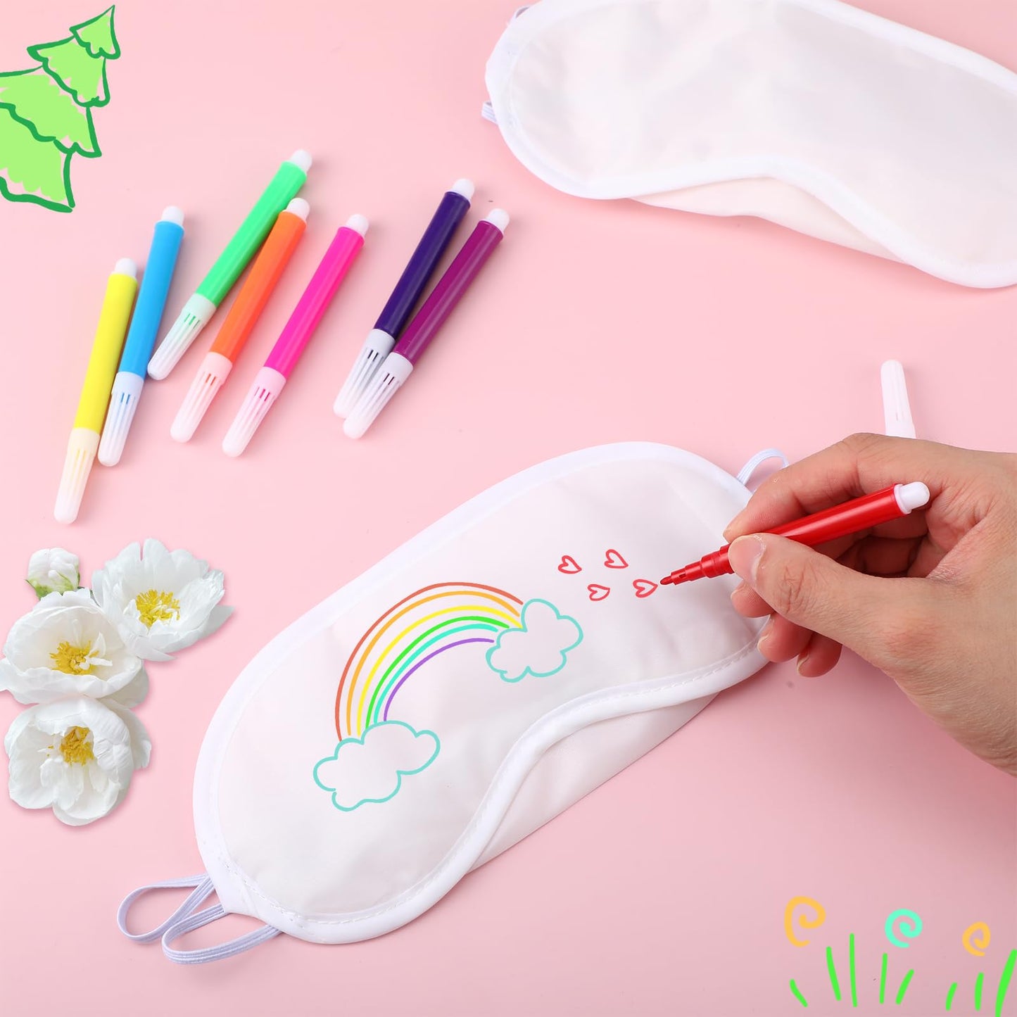 Daifunli 128 Pcs Sleepover Party Supplies Include White Eye Mask Graffiti Mirrors Blindfold Fabric Marker Pens Hairband Scrunchies Comb Keychains for Spa Slumber Bachelorette Women Favors