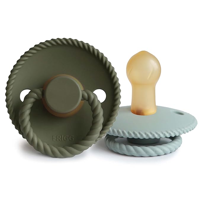 FRIGG Rope Natural Rubber Baby Pacifier | Made in Denmark | BPA-Free (Olive/Sage, 0-6 Months)