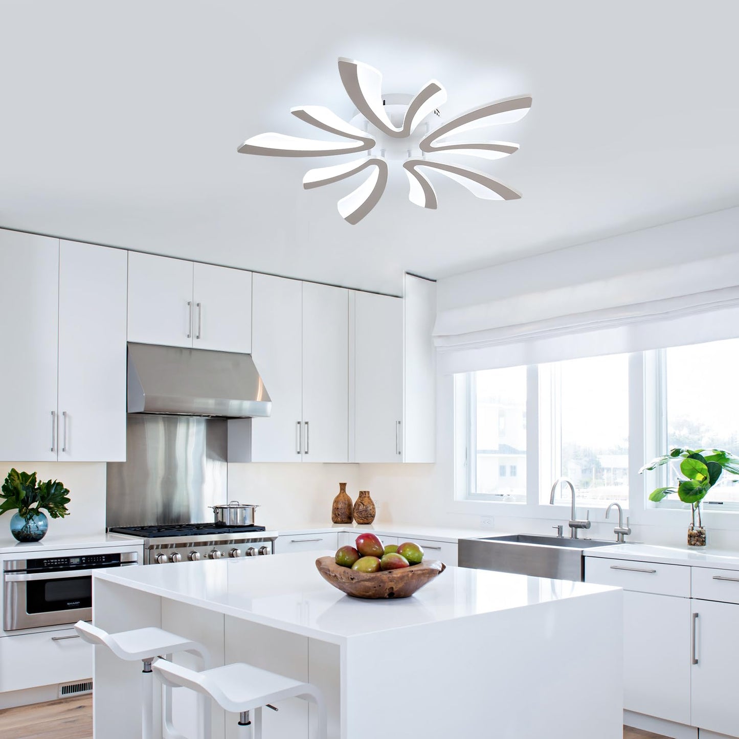 Goeco Ceiling Light, Dimmable LED Flush Mount, 27.5in , White Acrylic, 5-Head V Shape, Model 30916506