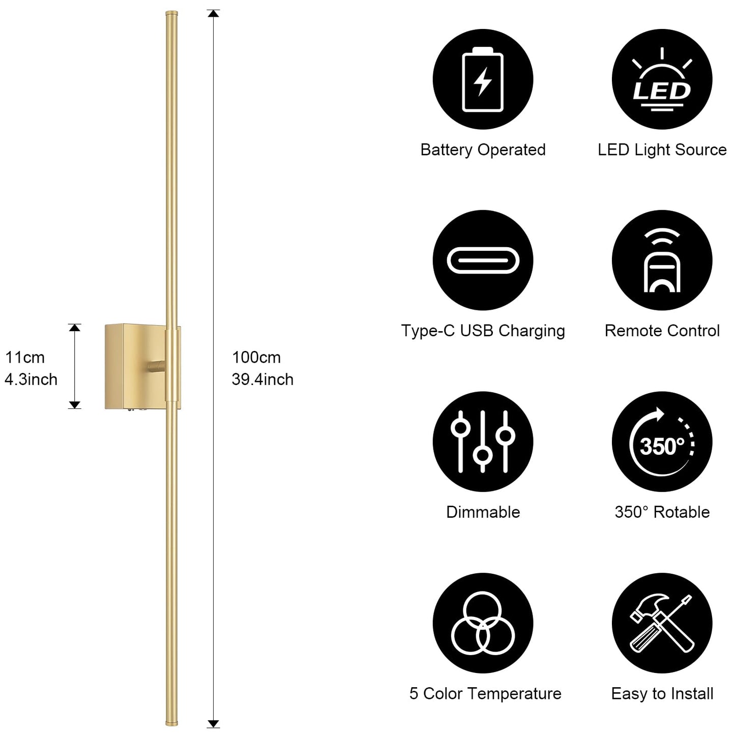 JZEKVN Battery Operated Wall Sconce Set of Two, Dimmable 3000K-6000K, 39.4in Gold Metal, Wireless with Remote Control, Model