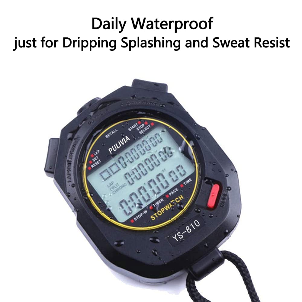 PULIVIA Sports Stopwatch Timer 10 Lap Split Memory Digital Stop Watch, Countdown Timer Pace Mode 12/24 Hour Clock Calendar with Alarm, 3 Rows Display Large Screen Water Resistant Battery Included