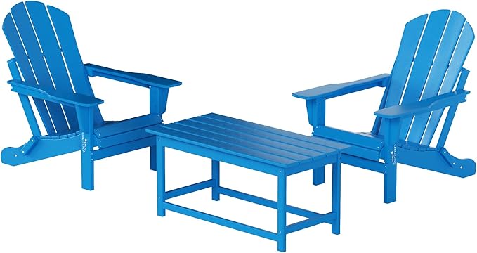 WO Home Furniture Adirondack Chairs Table Set of 3 PCS Outdoor Folding Chairs Coffee Table Weather/UV Resistant for Lawn, Garden, Bon Fire, Balcony (Pacific Blue)