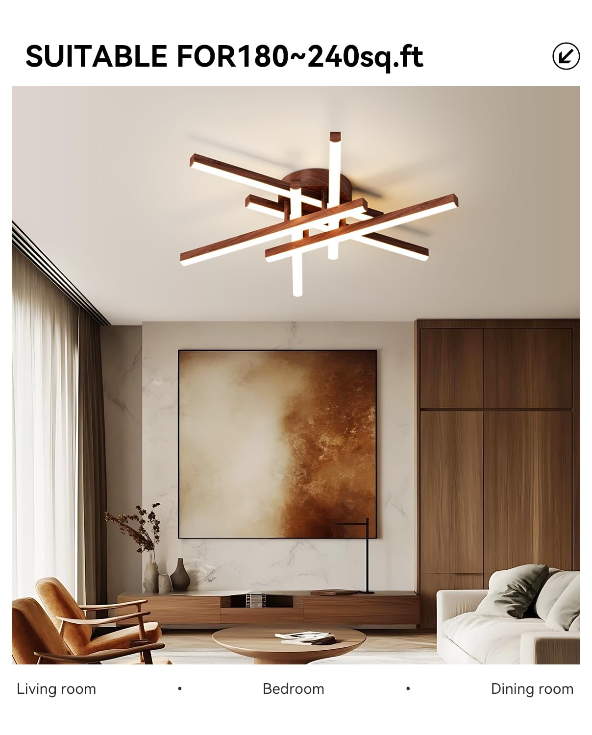 JFHTNFJ Modern Sputnik Ceiling Light Fixture LED Dimmable Remote Control Chandelier 6-Light Wood Color K04