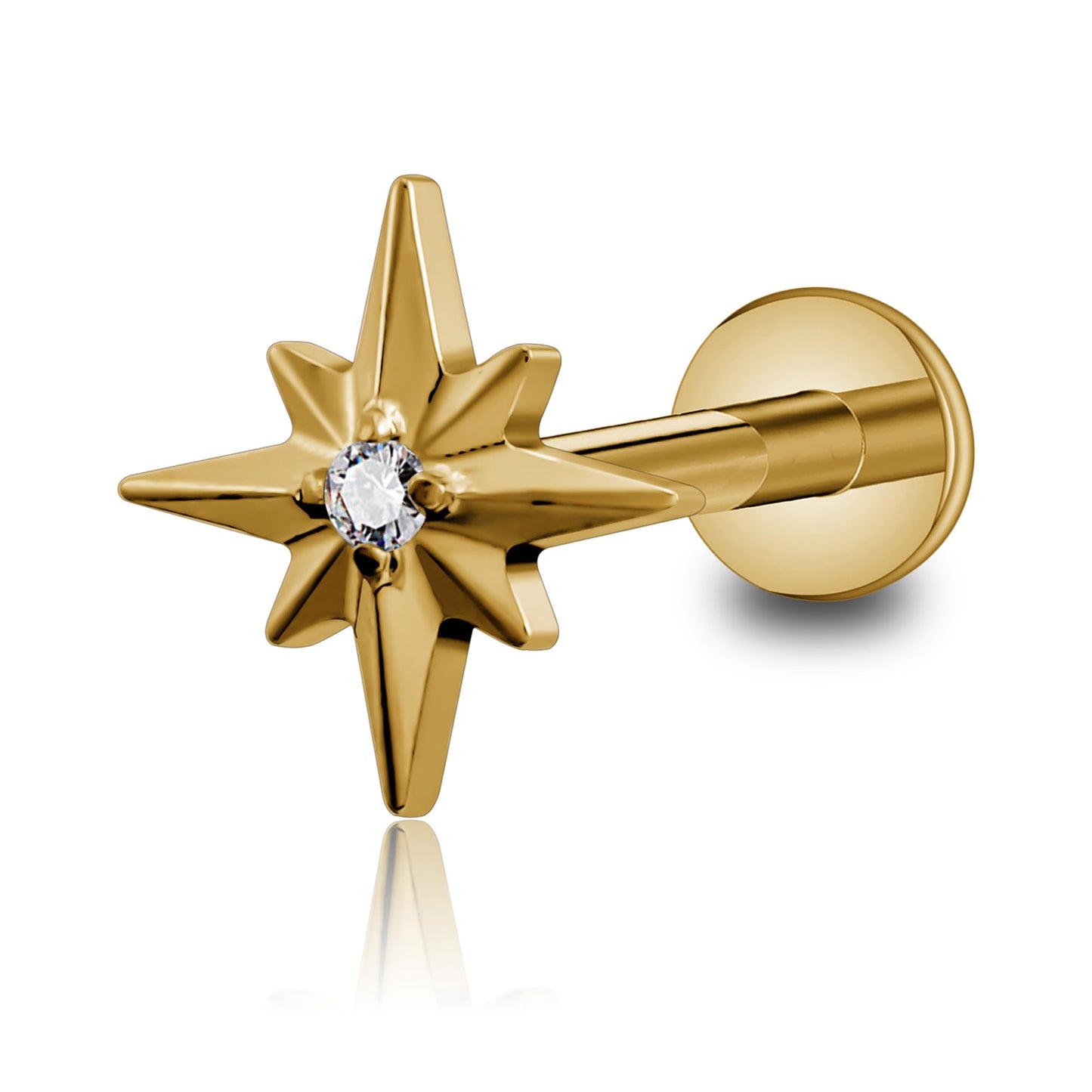 FINE4U Gold Flat Back Earrings Stud Titanium 16G 6mm 8mm - ASTM F136 Titanium North Star Cartilage Earring for Conch, Helix, Fla