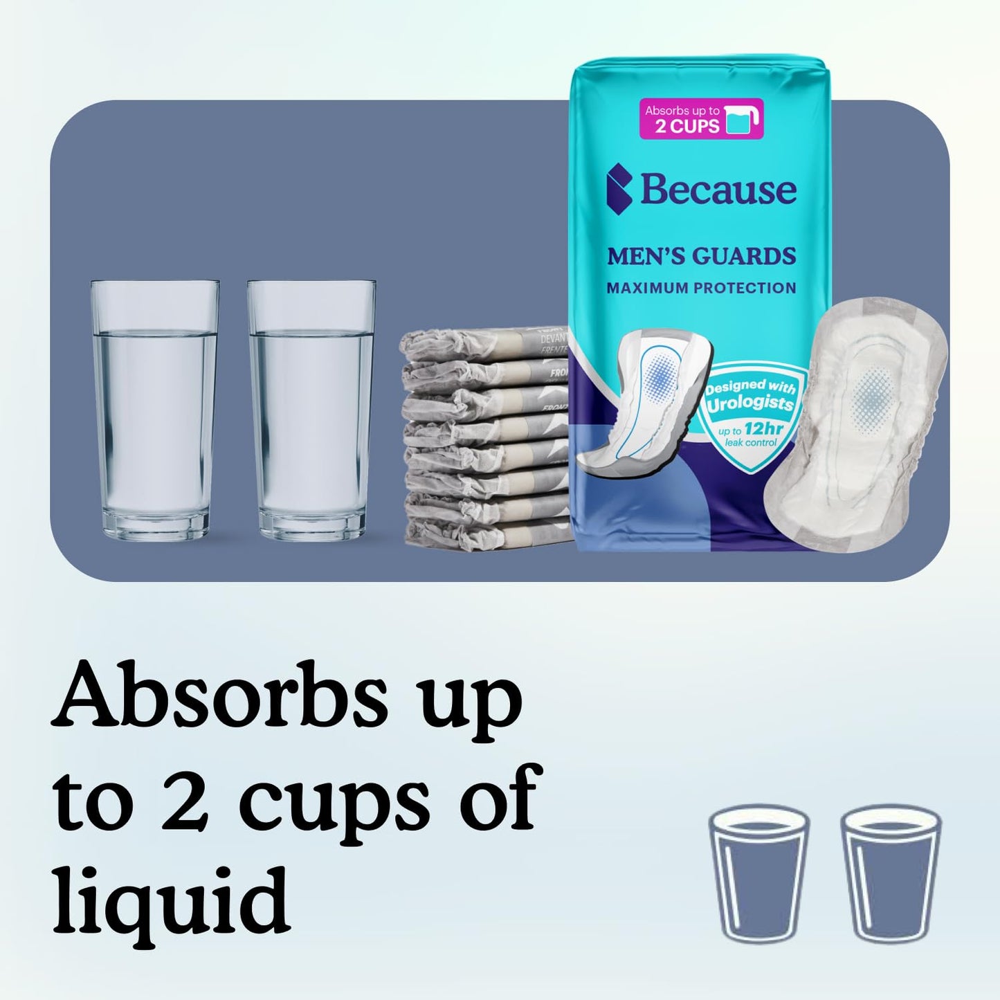 Because Premium Guards for Men - 80 Count Pack of Discreet, Individually Wrapped Bladder Protectors - Complete Absorbency, Fast-Locking, Odor Control - Comfort Fit, 2 Cups of Absorbency