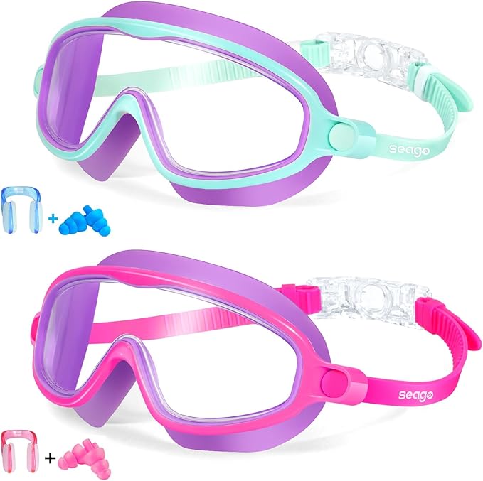 Seago Kids Goggles for Swimming 2 Pack Anti-Fog No Leaking Outer Eye Fit with Wide View UV Protection Crystal Clear Watert...