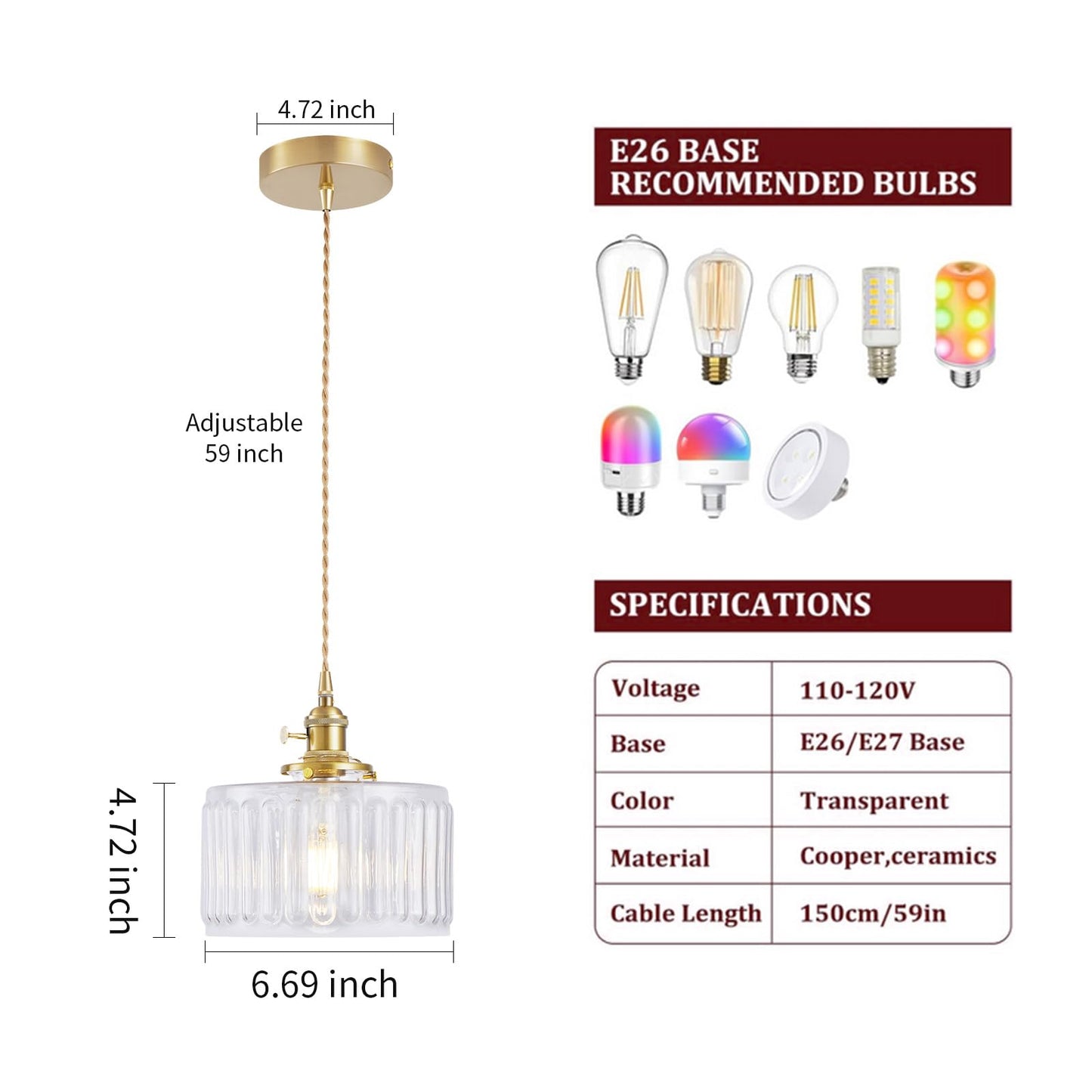 WimiSom Industrial Pendant Lighting, Glass Shade, Adjustable Height, 2-Pack, Clear, Model Glass-003