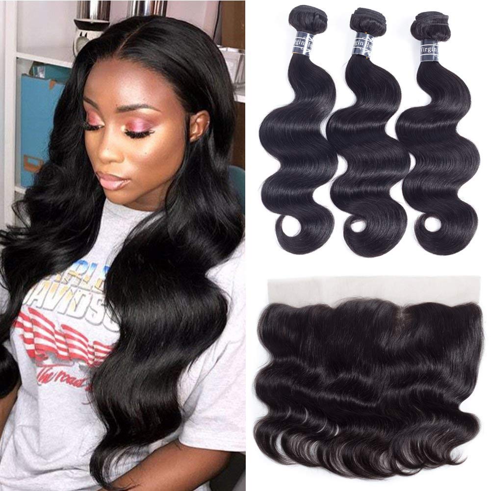Amella Hair Ear to Ear Lace Frontal with Bundles Brazilian Body Wave Frontal(12 14 16 +10 Frontal) 8A Grade Brazilian Virgin Hum