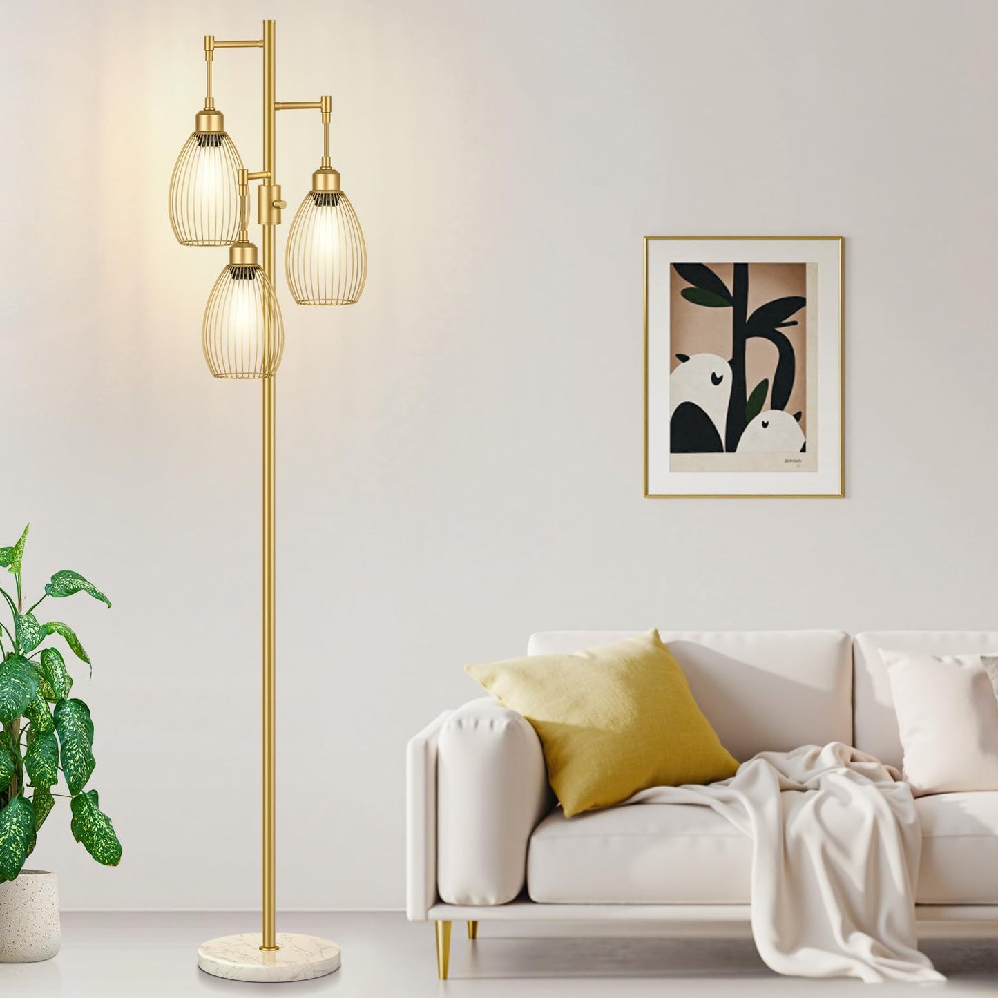 Nintiue Dimmable Floor Lamp with 3 LED Bulbs, 70 inches, Gold & Marble Base, Model FL1908, Industrial Style for Living Room & Office