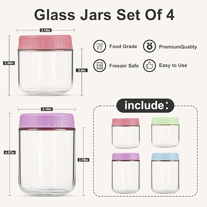 Overnight Oats Containers with Lids, Glass Jars with Lids 4 pcs, Candy, Wide Mouth Mason jars for Salad, Yogurt, Snacks, Meal Prep