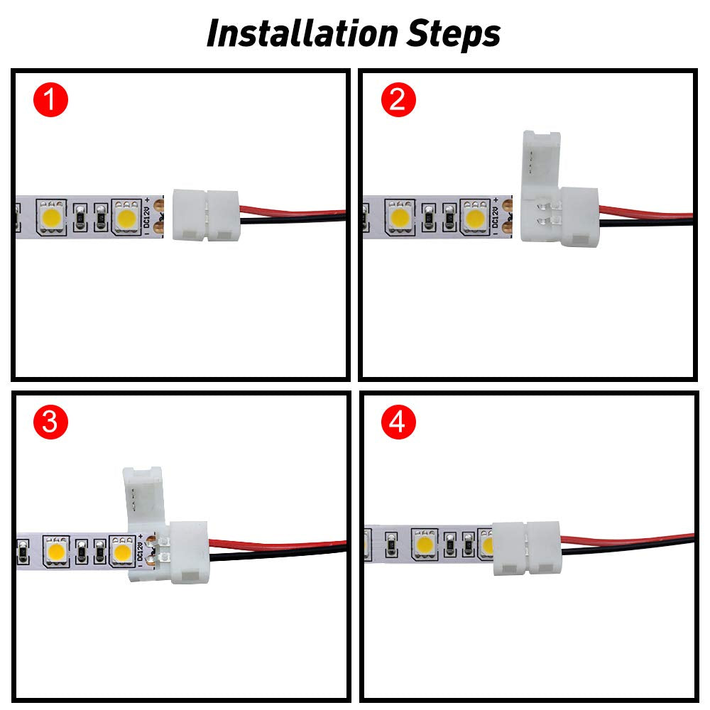 Lightingwill 10Pcs Strip Wire Connectors, 2Pin 10Mm, Solderless Snap Down For 10Mm Wide 5050/5630 Led Strips, Pigtail Connect