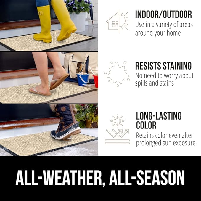 GORILLA GRIP 100% Waterproof All-Season WeatherMax Doormat, 47x35, Durable Natural Rubber, Stain and Fade Resistant, Low Profile, Indoor Outdoor Door Mats, Easy Clean Patio Entrance Mat, Modern Latte
