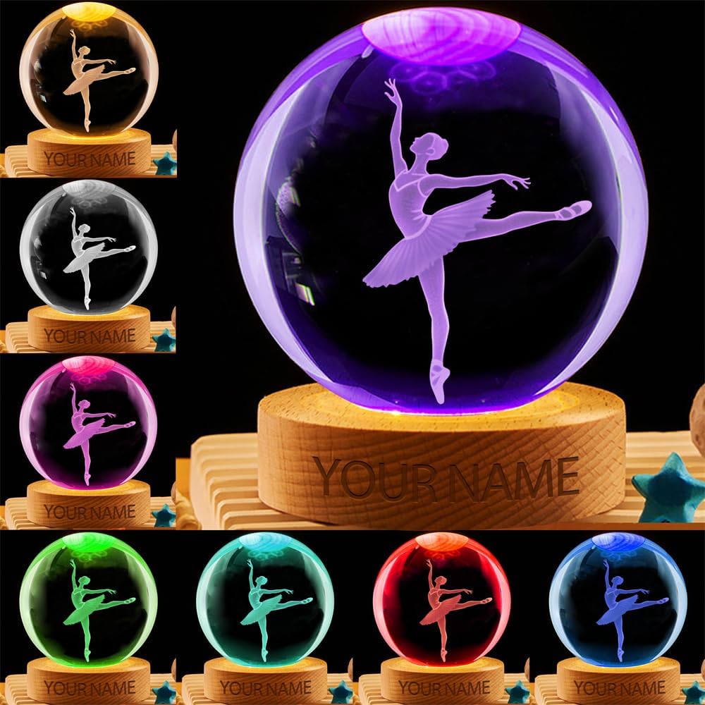 Personalized Ballet Crystal Night Light Gift for Women, Custom Name/Number Ballet Ballerina 3D Crystal Ball Night Light Lamp for Bedroom Room Dance Decor Party Bar Christmas Birthday Gift