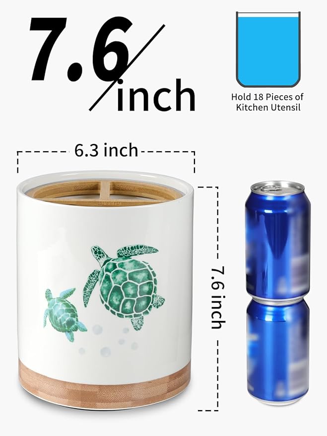 HAPPY KIT 7.6″ Extra Large Kitchen Utensil Holder, 360° Rotating Utensil Holder for Kitchen Counter with 3 Removable Compartment, Housewarming Gift & Farmhouse Decor(Turtle)