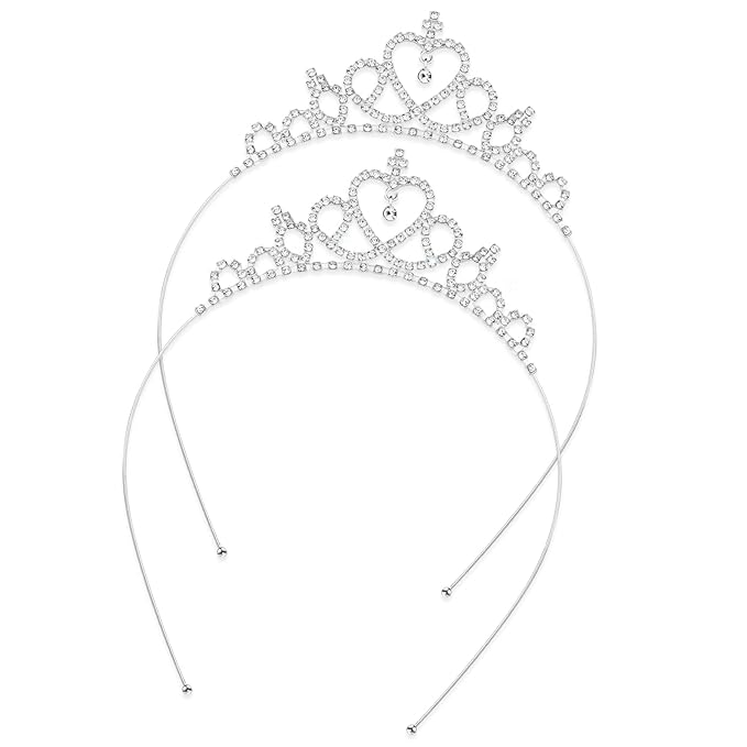 2Pcs Princess Crown Tiara Crystal Rhinestone Non-Slip Crown Headbands for Girls & Women