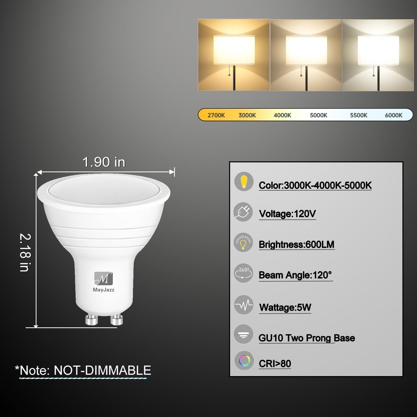 M Mayjazz Gu10 3 Color Temperature Led Bulbs 3000K/5000K/4000K 5W(50W Equivalent) 600Lm  3Cct Color Changing Flood Light Bulb For Recessed Lighting 10 Pack