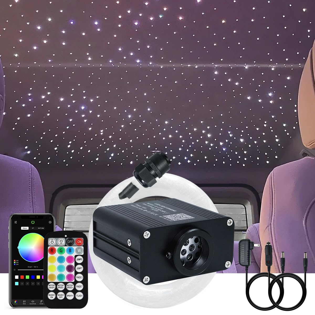 AKEPO 16W RGBW APP Twinkle Fiber Optic Lights, Small Size Music Activated 450pcs 0.03in 9.8ft/3m Optical Fiber Star Ceiling Light Kit for Car Headliner Star/Home