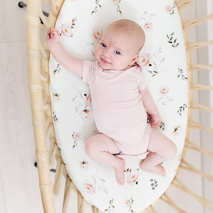GRSSDER Ultra Soft Bassinet Sheets 2 Pack, Stretchy Breathable Knit Bassinet Mattress Sheets for Baby, Universal Fitted Baby Cradle Moses Basket Oval Rectangle Pads Safe and Snug, Stylish Flora