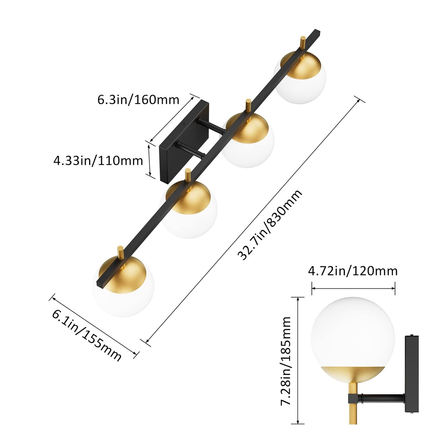 Ralbay Mid Century Modern 4-Light Vanity Light Fixture, Black/Gold, Metal, Model 1100, Milky Glass, Bathroom Over Mirror Lighting