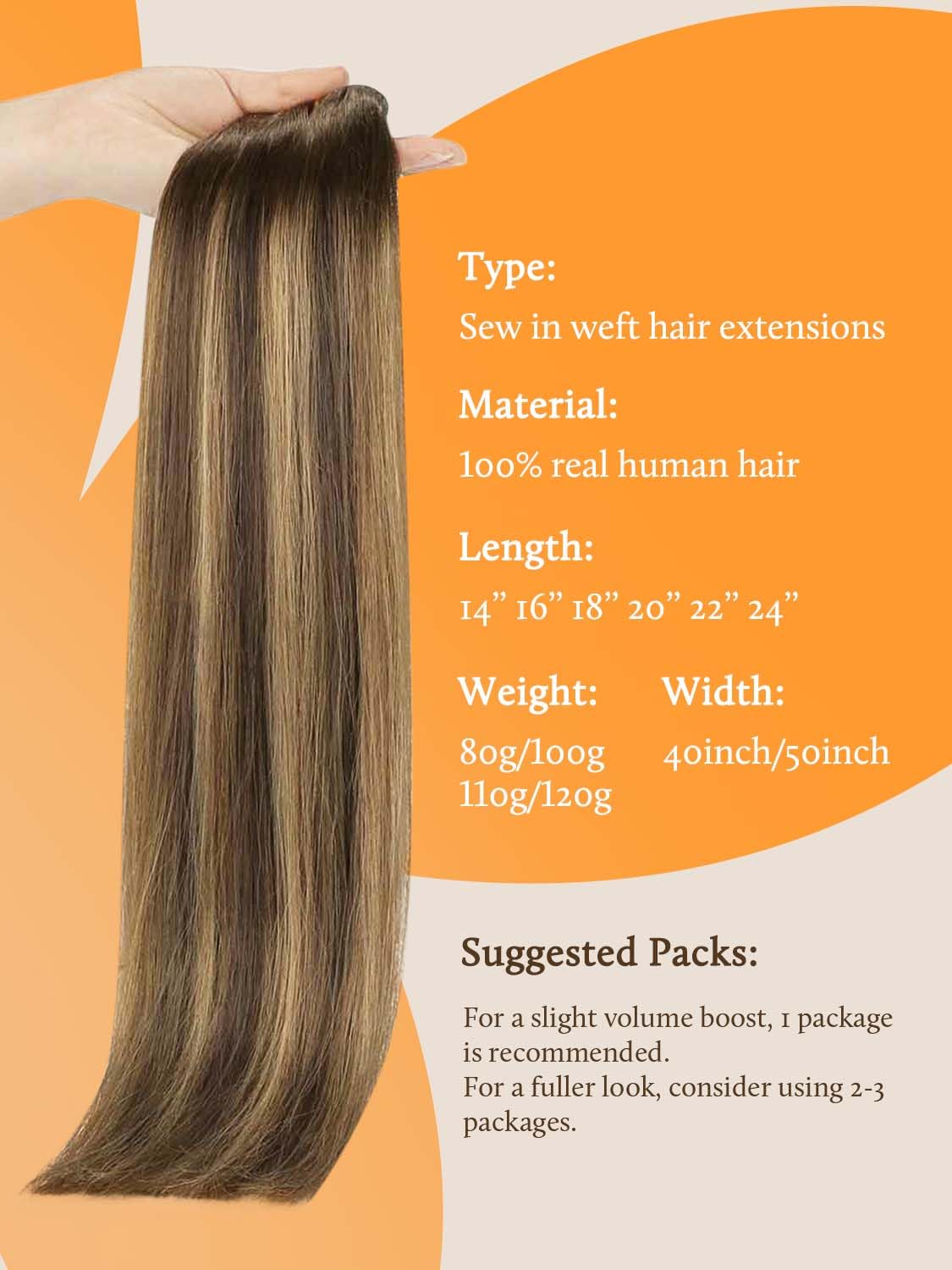DOORES Sew in Hair Extensions 22 Inch 110g Balayage Chocolate Brown to Caramel Blonde, Remy Weft Long Straight Hair