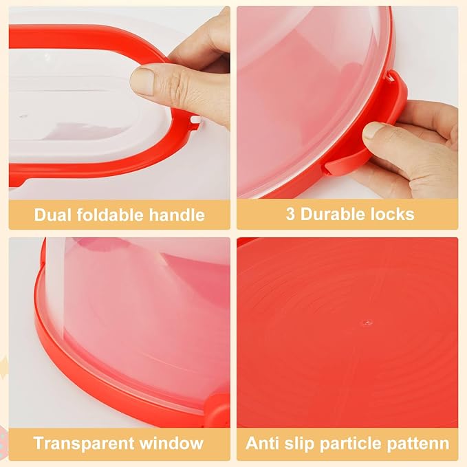 10Inch Cake Stand Carrier with Lid and Handle Storage Container Keeper Plastic Tall Transport Travel Cake Saver Holder with Cover Pie Bundt Round (Red)