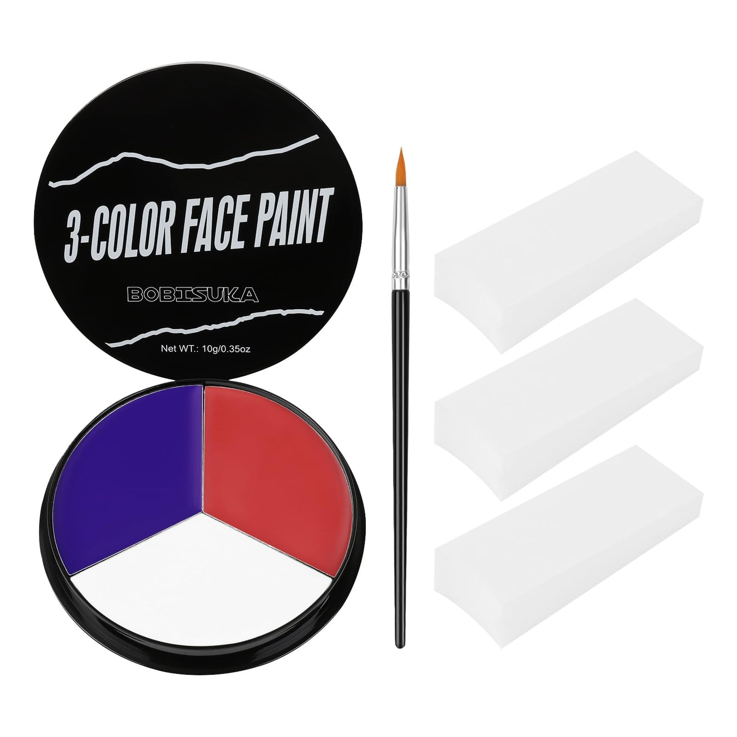 US Flag Red White Blue Face Painting Kit, 3 Colors Facepaint + 3PC Sponge + Brush for Halloween Costume Clown Joker, Eye Black f