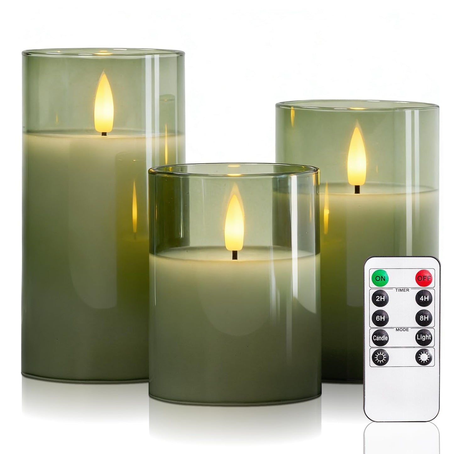 5plots Flameless Battery Operated Candles Set of 3, Green LED Candles with Remote Timer, Real Wax Glass Pillar Candles Warm Flickering Light for Indoor Home, Halloween, Christmas Decor D3 x H4 5" 6"