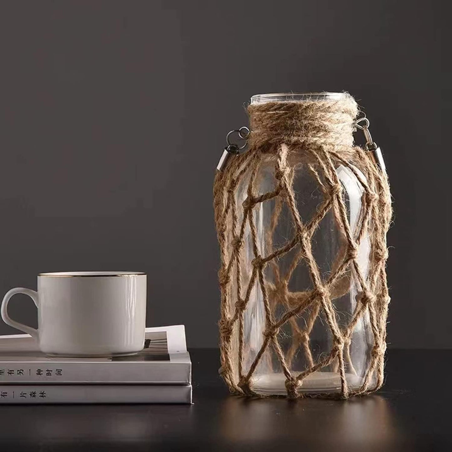 Rustic Hanging Mason Jar Creative Rope Net Dry Flower Glass Vase with Handle (1 Vase 8")