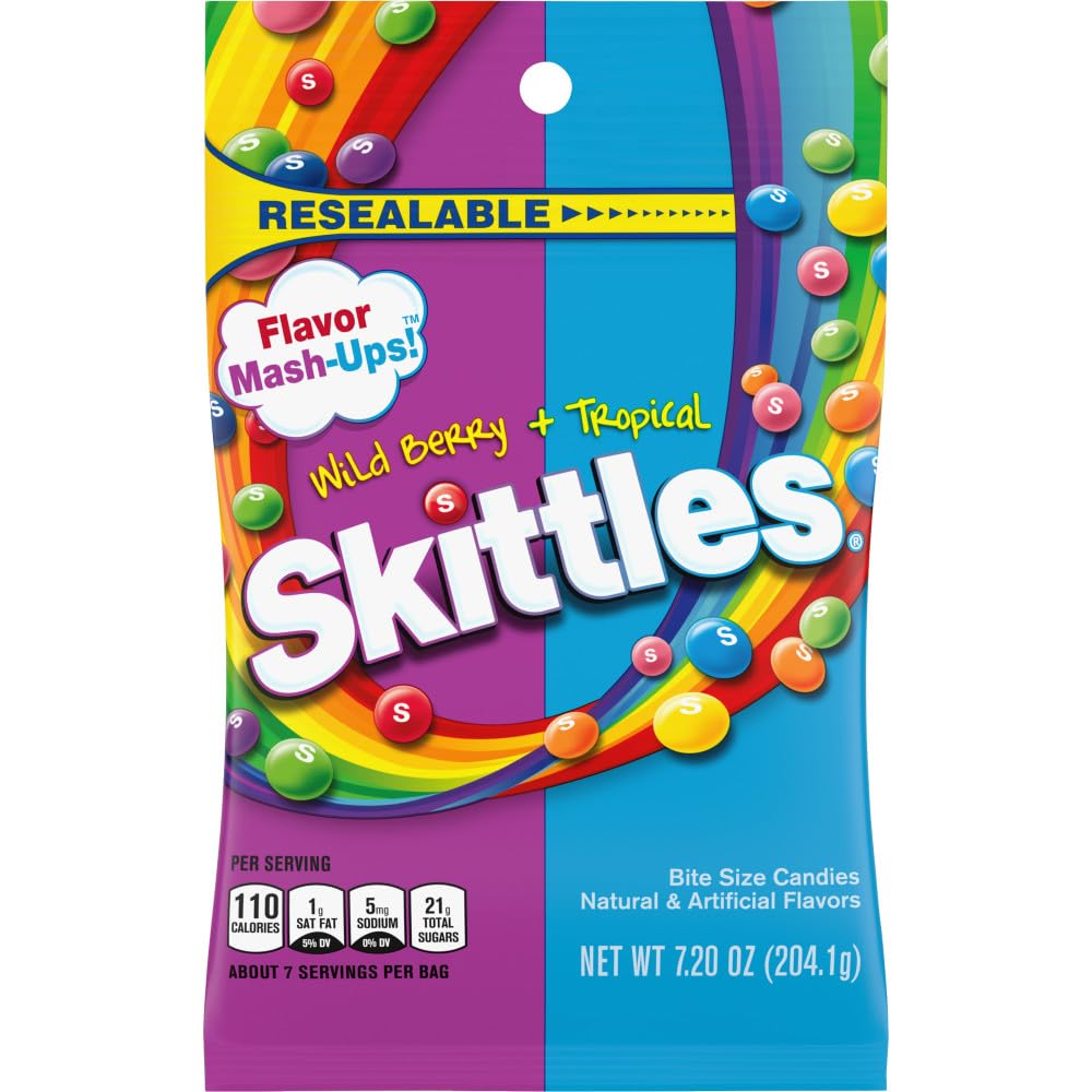 SKITTLES Tropical Flavor Mash-Ups, Wild Berry & Tropical Candy, Bagged Candy, 7.2 Ounce (12 Bags, Pack of 12)