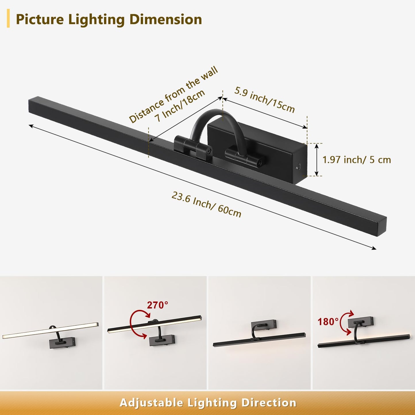 Wireless Picture Lights For Wall Battery Operated  Black Art Lighting For discomfort-reducingtings Rechargeable Gallery Lights With Remote And Timer 3Cct Dimmable discomfort-reducingting Lights For Artwork Portrait 23.62 Inch