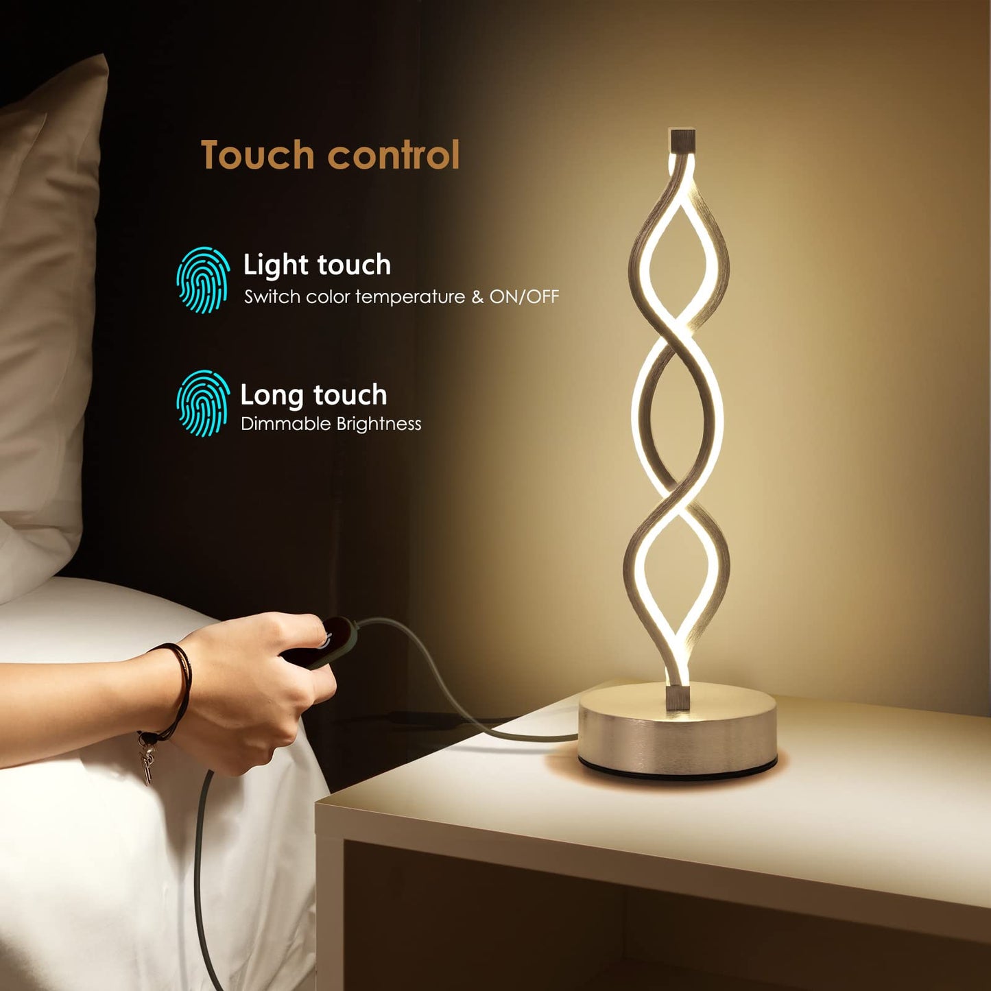 NUÜR Infinity Spiral LED Table Lamp, Dimmable, 15.8 Inch, Silver, Touch Controller, 3 Colour Temperatures, Decorative for Home