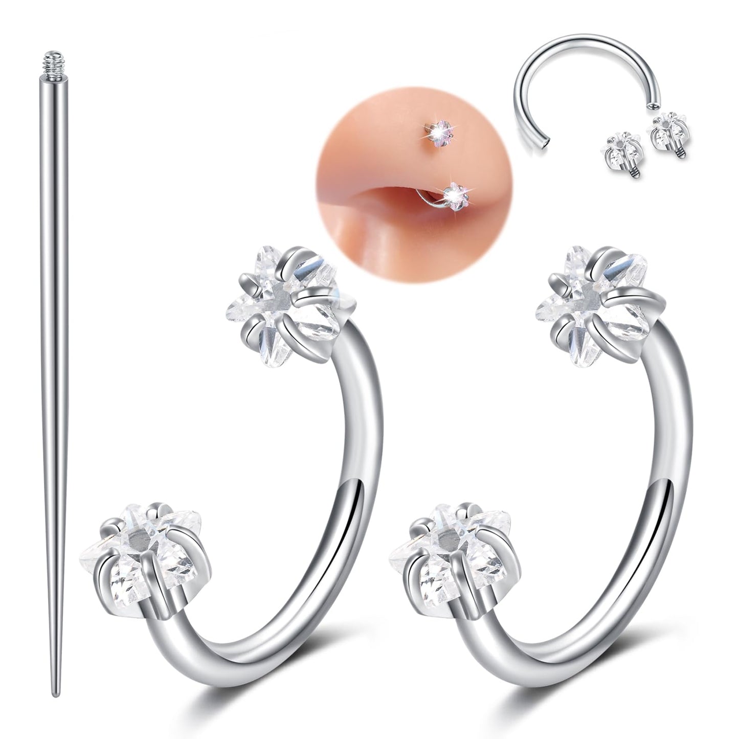 MODRSA Silver Horseshoe Nose Ring 18g Horse Shoe Nose Ring Hoop for Women Surgical Steel Half Hoop Earring Hoops Star Double Gem