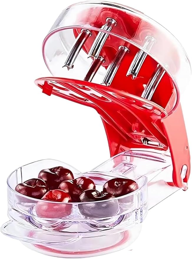 Cherry Pitter Tool - Pit 6 Cherries at Once, Mess-Free Cherry & Olive Pitter with Tray, 304 Stainless Steel Multi Pitters for Fast Prep & Easy Cleanup