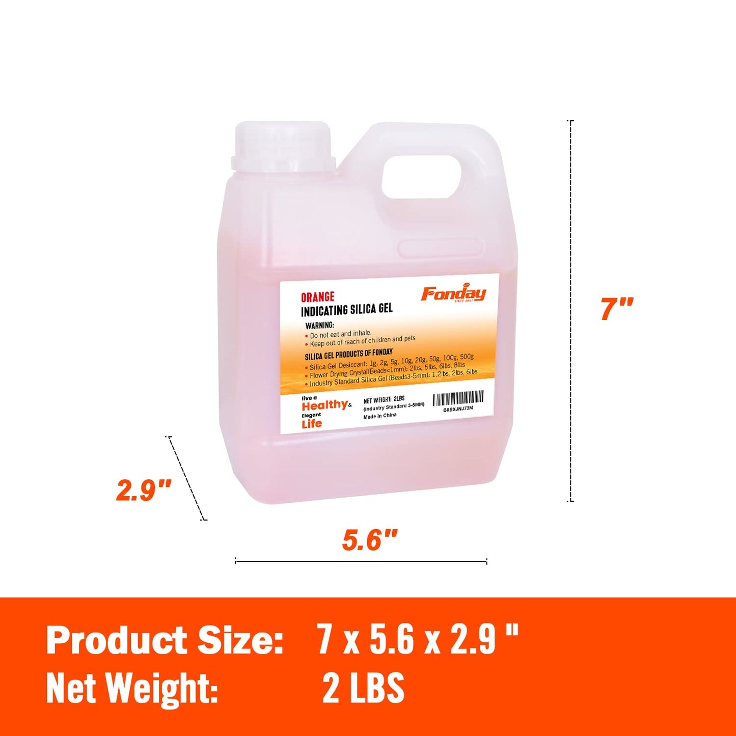 2LB Fonday Premium Moisture Indicating Silica Gel Desiccant Orange to Green Rechargeable Industry Standard Bead Size 3 to 5mm